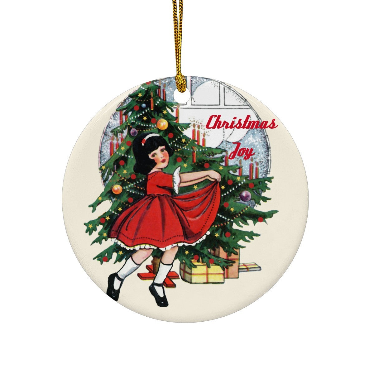 Vintage Child in Front of Tree Christmas Joy Round Ceramic Ornament