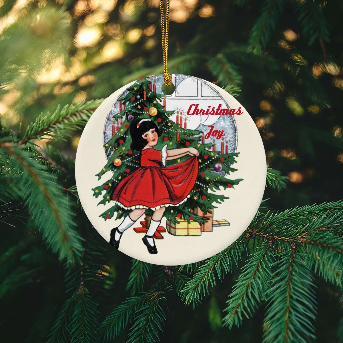 Vintage Child in Front of Tree Christmas Joy Round Ceramic Ornament