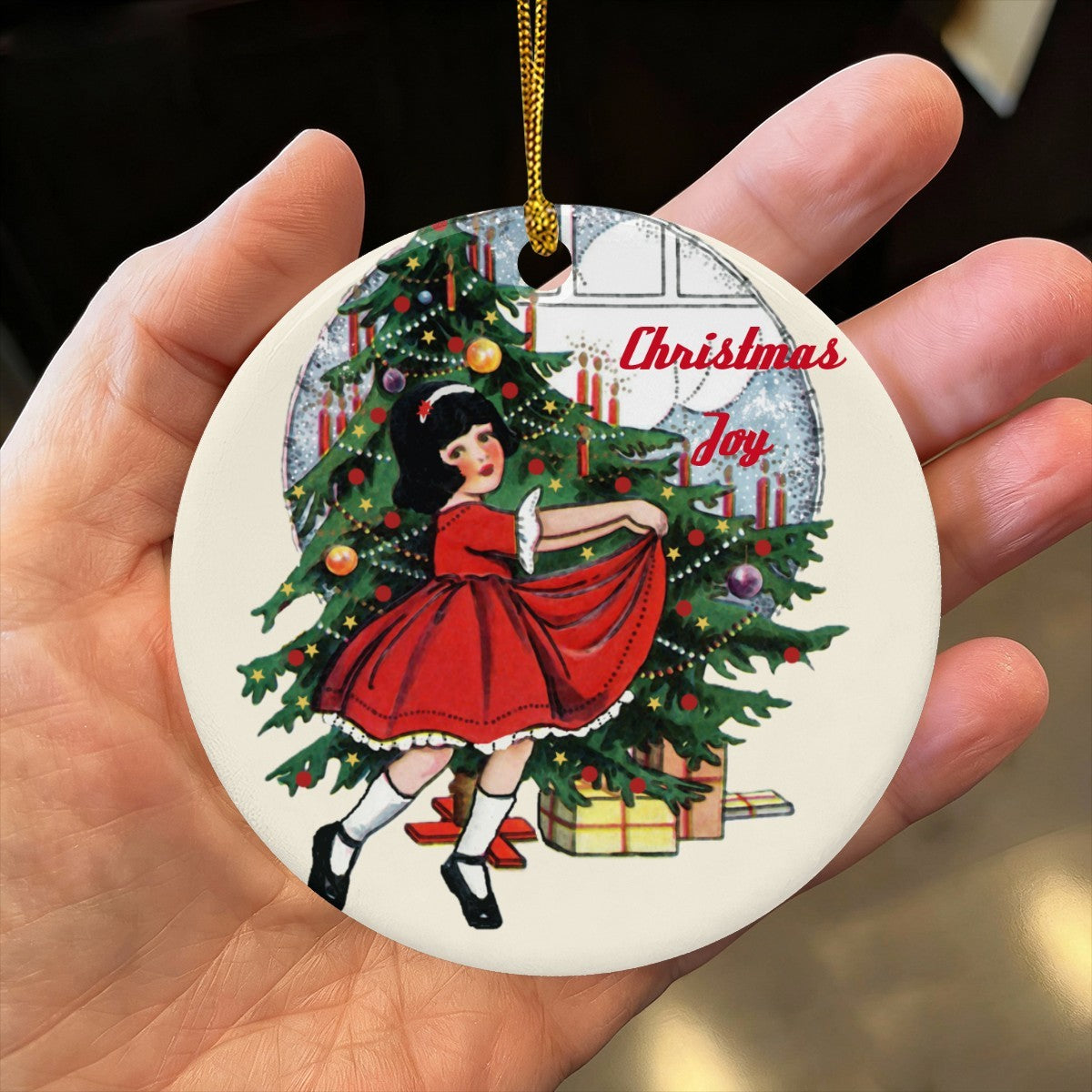 Vintage Child in Front of Tree Christmas Joy Round Ceramic Ornament