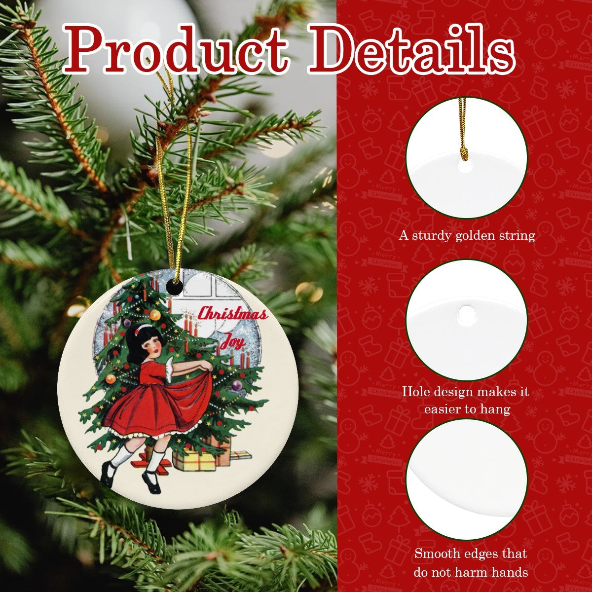 Vintage Child in Front of Tree Christmas Joy Round Ceramic Ornament