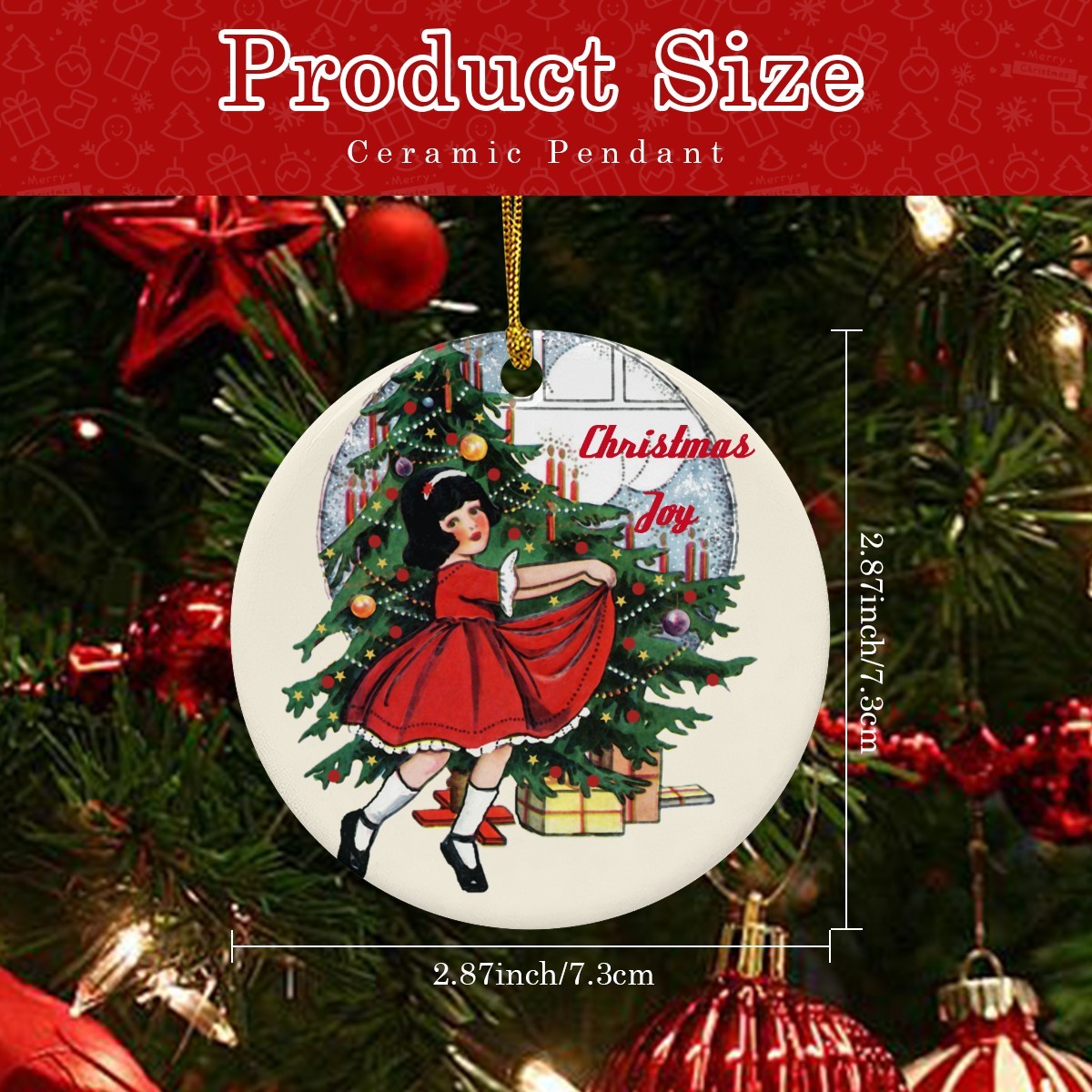 Vintage Child in Front of Tree Christmas Joy Round Ceramic Ornament