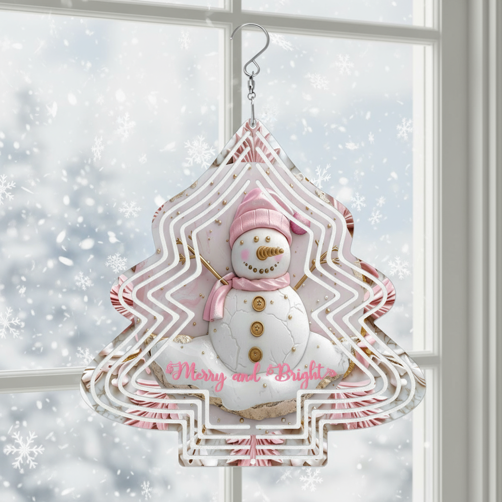 Merry and Bright Pink Snowman Wind Spinner Outdoor Decor