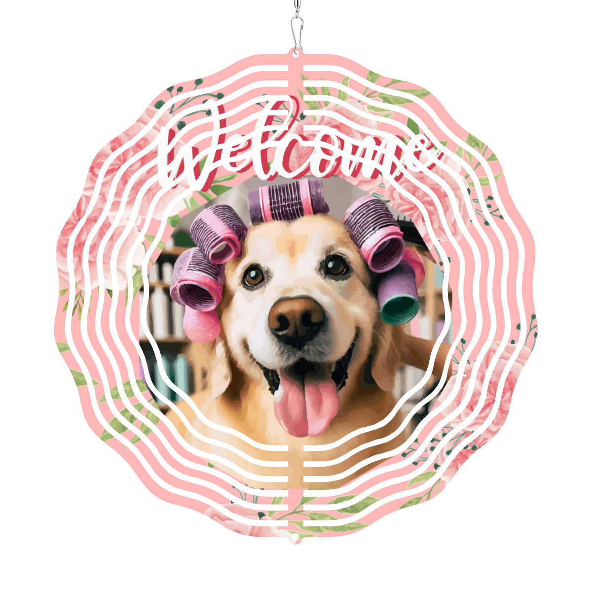 Smiling Dog with Hair Curlers Tin Welcome Sign Wind Spinner
