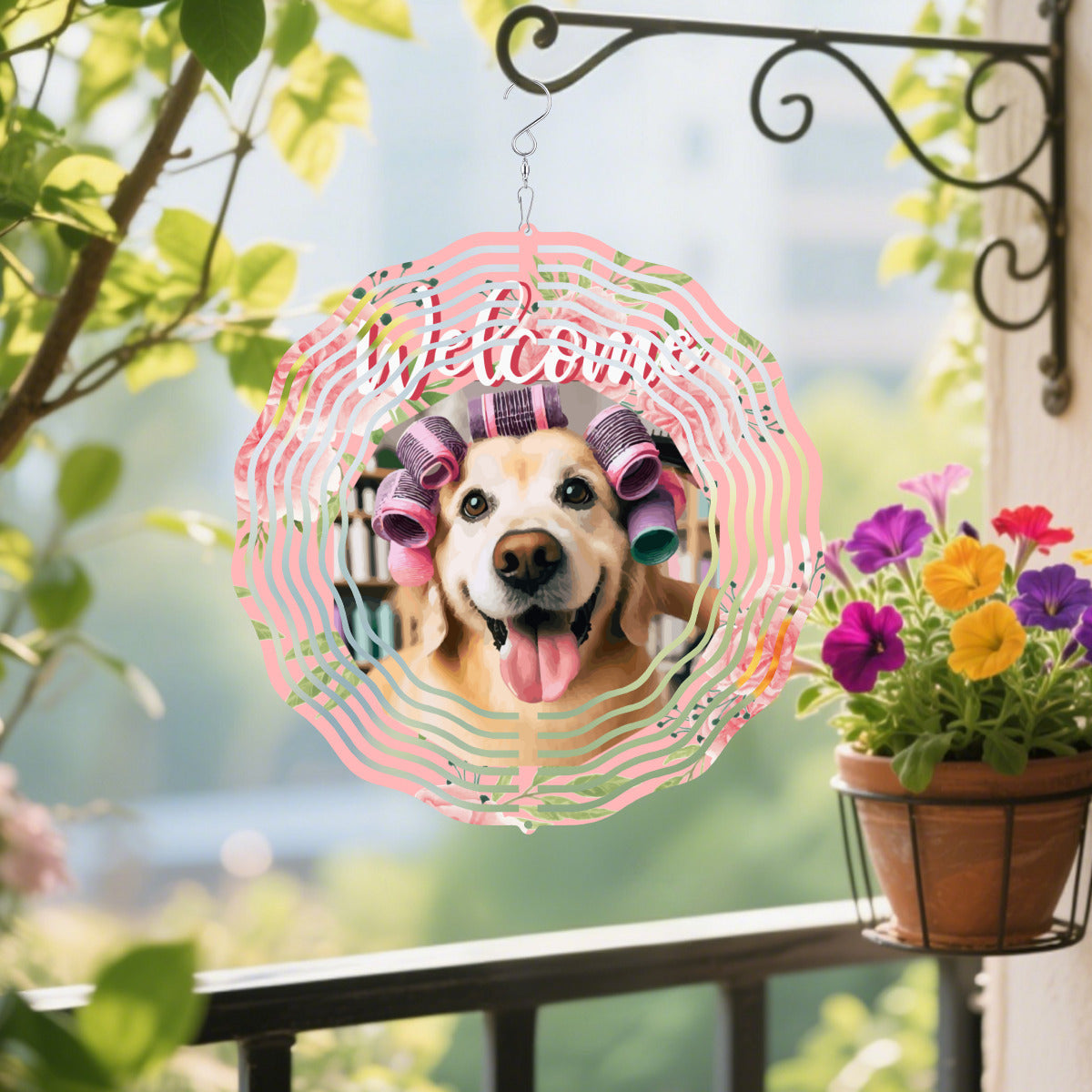 Smiling Dog with Hair Curlers Tin Welcome Sign Wind Spinner