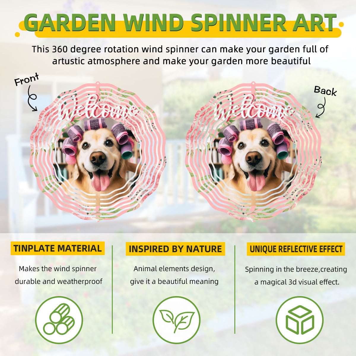 Smiling Dog with Hair Curlers Tin Welcome Sign Wind Spinner