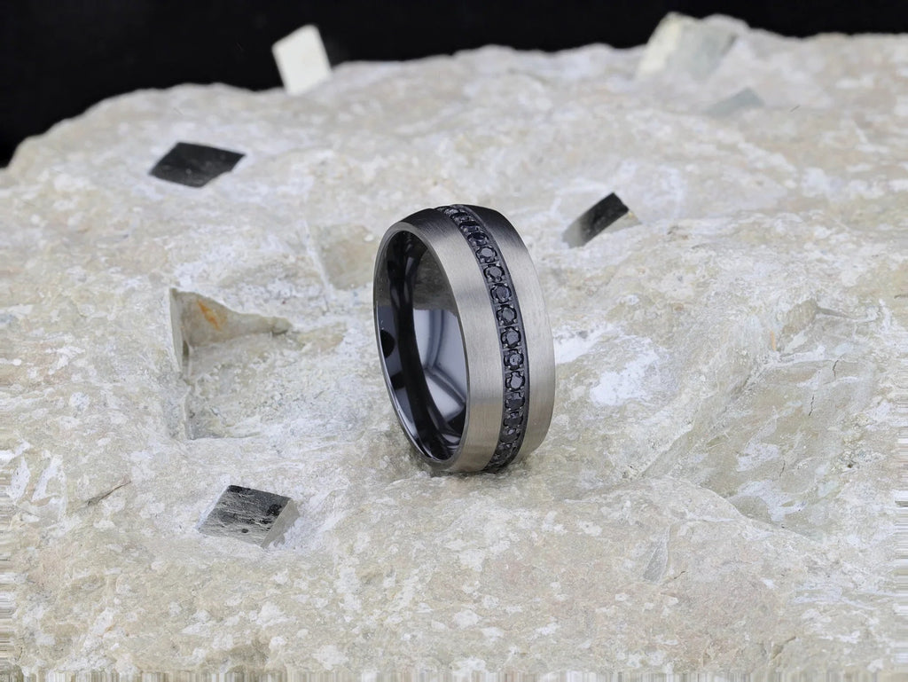 AVIATOR Domed Brushed Titanium Men's Wedding Band with Black Sapphire Stones Inlay - 8mm