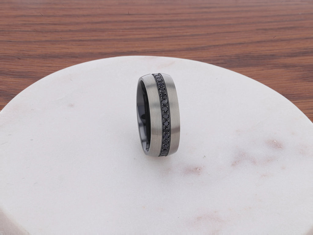 AVIATOR Domed Brushed Titanium Men's Wedding Band with Black Sapphire Stones Inlay - 8mm