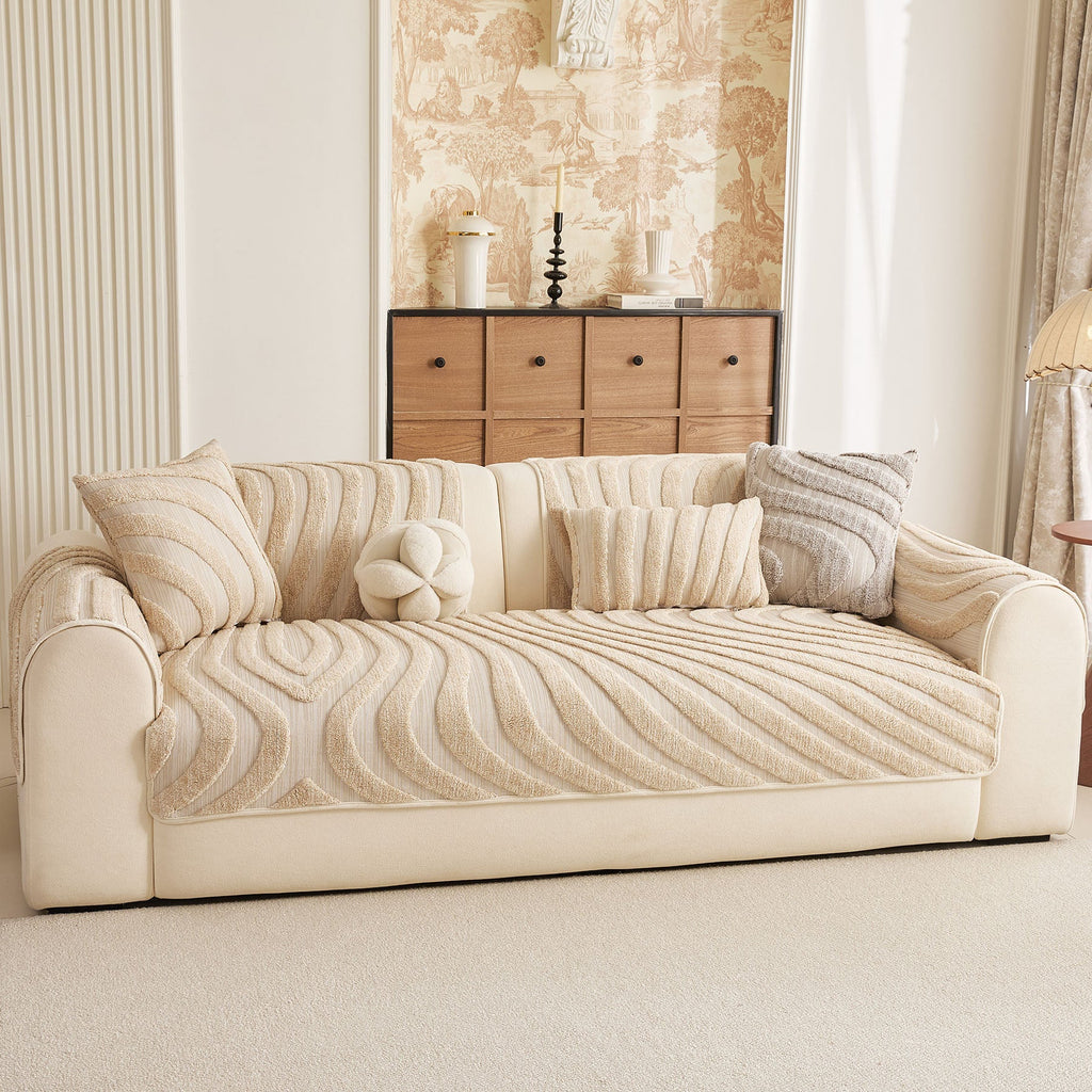 Cozy Plush Sofa Topper with Raised Wave Texture, Non-Slip Furniture Protector Cover