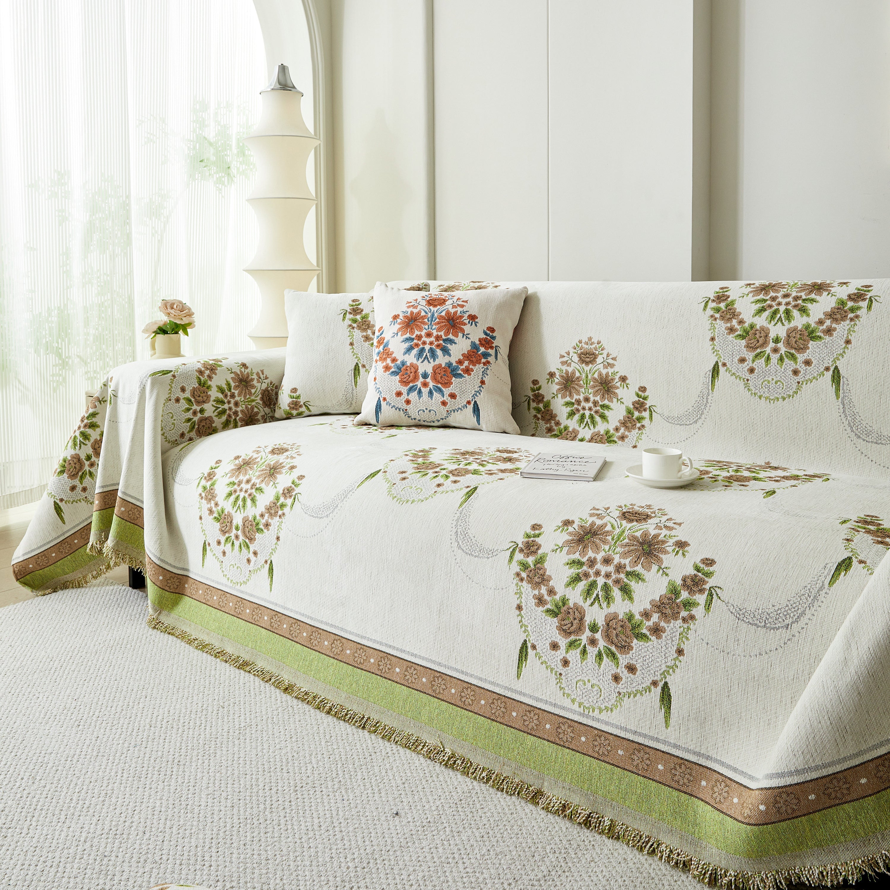 Charming French Country Floral Basket Sofa Throw Cover Rustic Farmhouse-Style Couch Cover Blankets