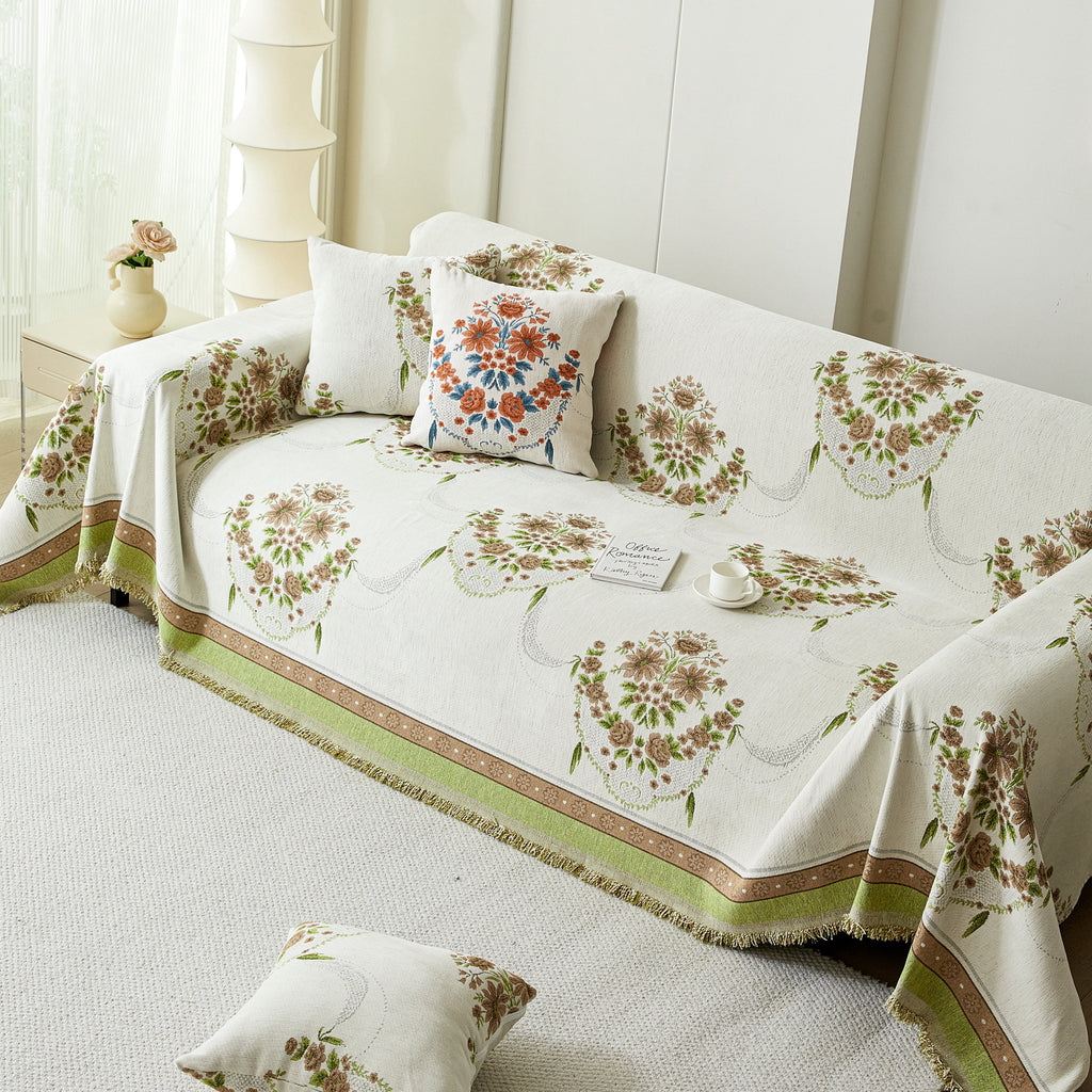 Charming French Country Floral Basket Sofa Throw Cover Rustic Farmhouse-Style Couch Cover Blankets