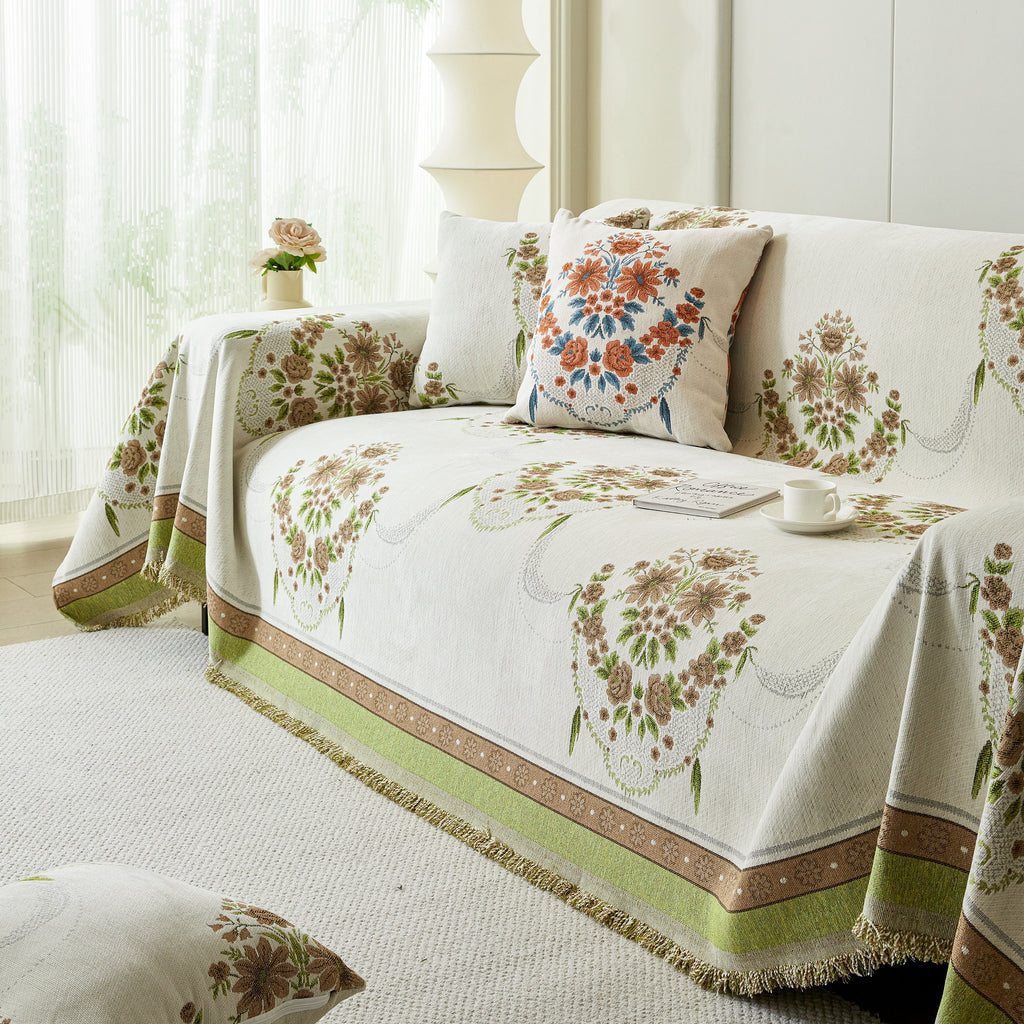 Charming French Country Floral Basket Sofa Throw Cover Rustic Farmhouse-Style Couch Cover Blankets