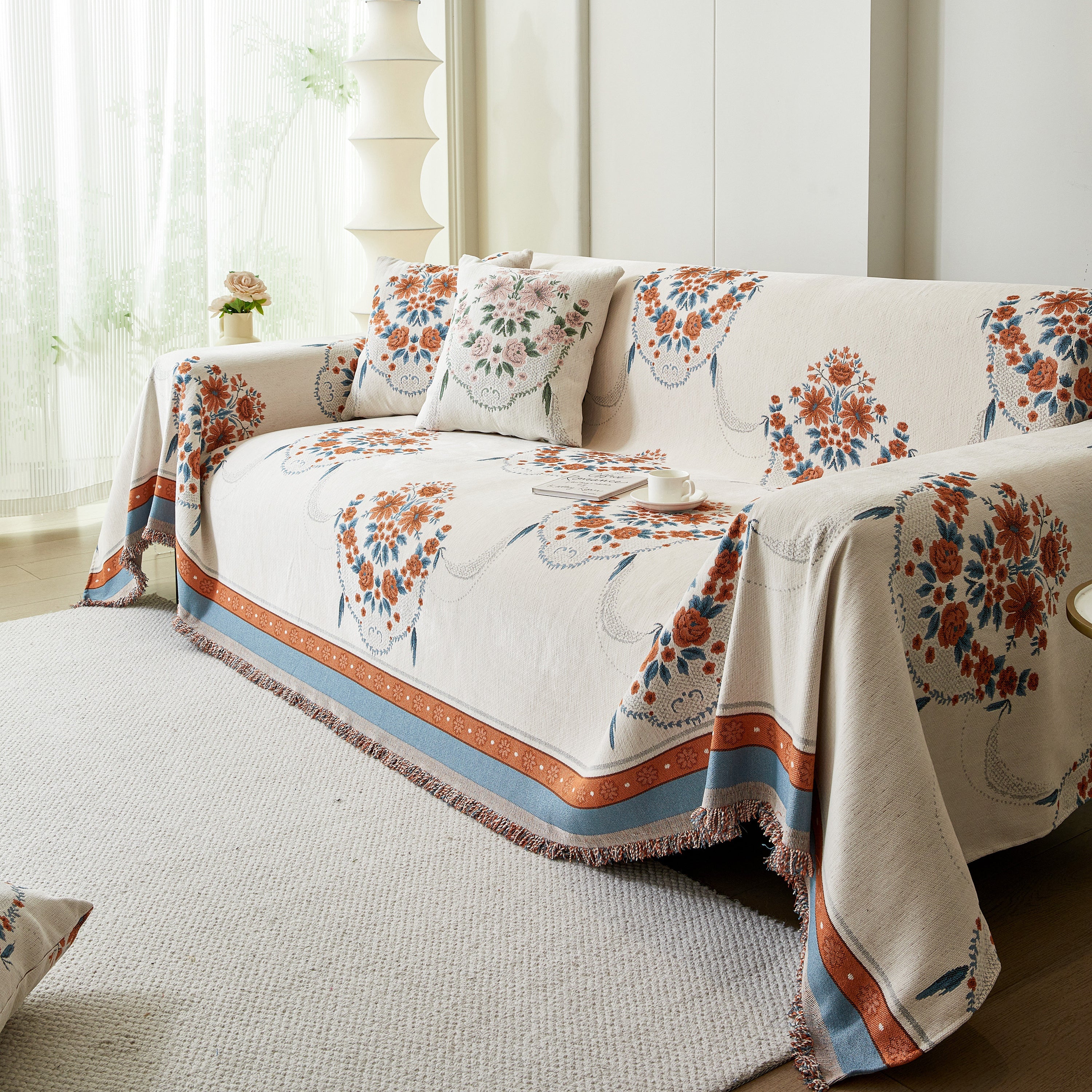 Charming French Country Floral Basket Sofa Throw Cover Rustic Farmhouse-Style Couch Cover Blankets