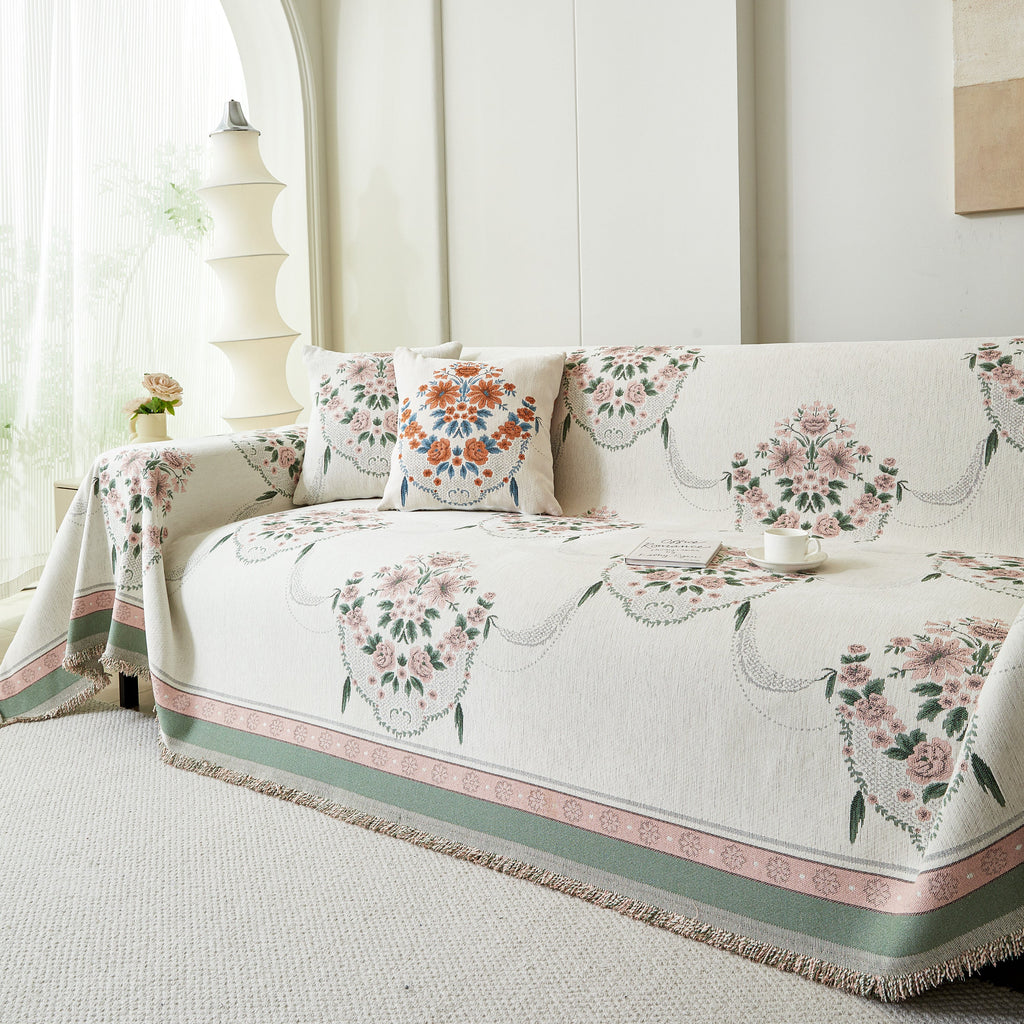 Charming French Country Floral Basket Sofa Throw Cover Rustic Farmhouse-Style Couch Cover Blankets