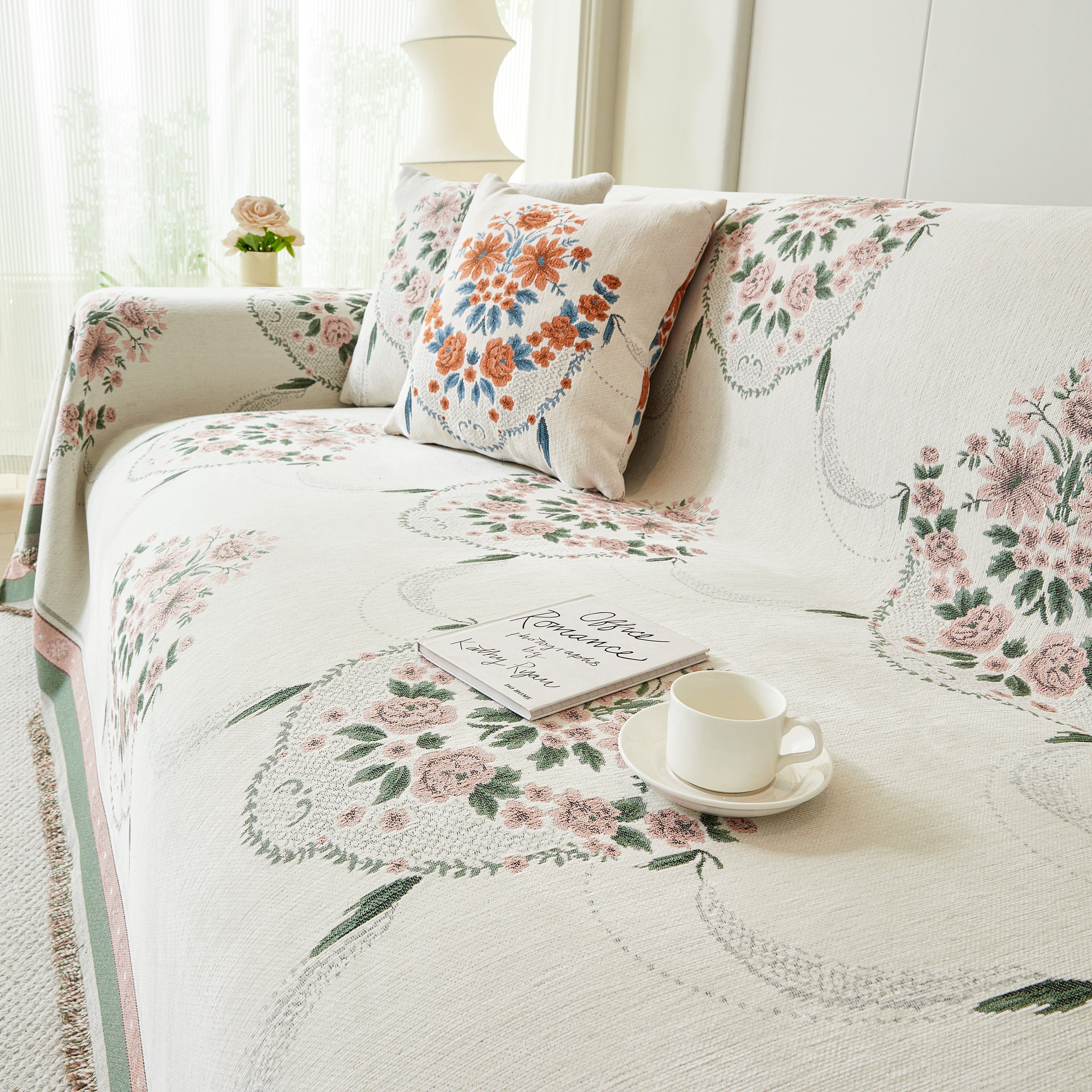 Charming French Country Floral Basket Sofa Throw Cover Rustic Farmhouse-Style Couch Cover Blankets