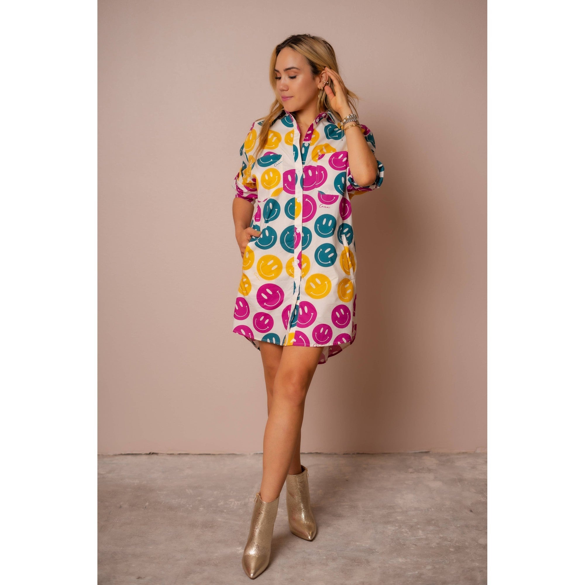 All Over Smiley Preslie Poplin Shirt Dress | Organic Cotton Beltable Dress or Tunic with Pockets