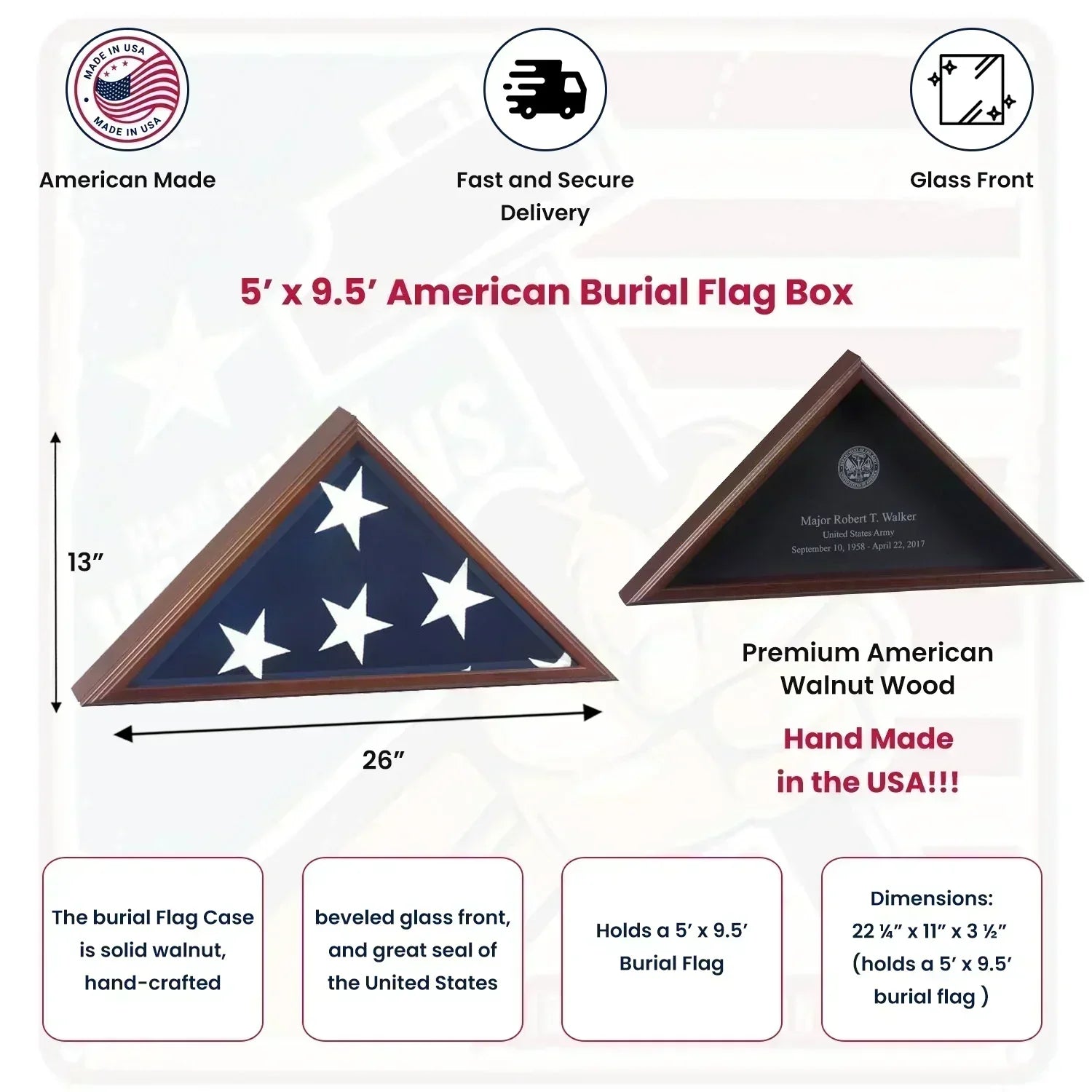American Burial Flag Box, Large Coffin Flag Display Case - Folded American Flag 5' x 9.5' (Burial Flag).