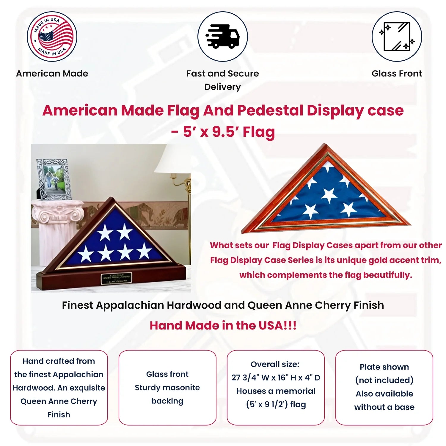 American Made Flag And Pedestal Display case - Cherry finish