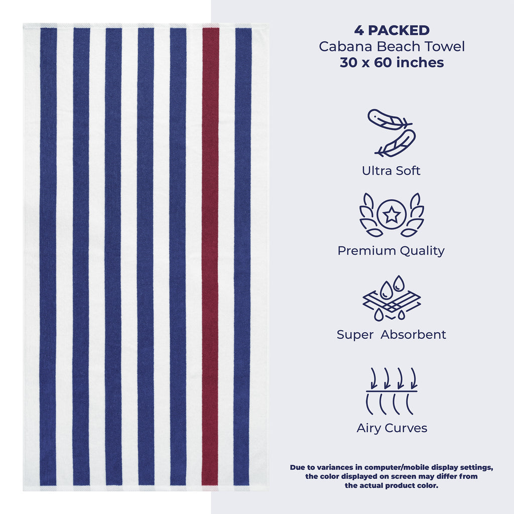 American Soft Linen, Premium Cotton 4 Pack Beach Towels, 30" x 60" Cabana Striped Pool Towels
