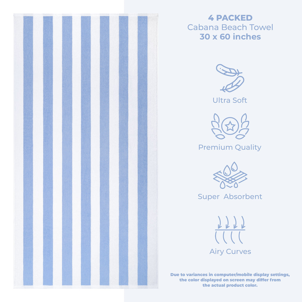American Soft Linen, Premium Cotton 4 Pack Beach Towels, 30" x 60" Cabana Striped Pool Towels