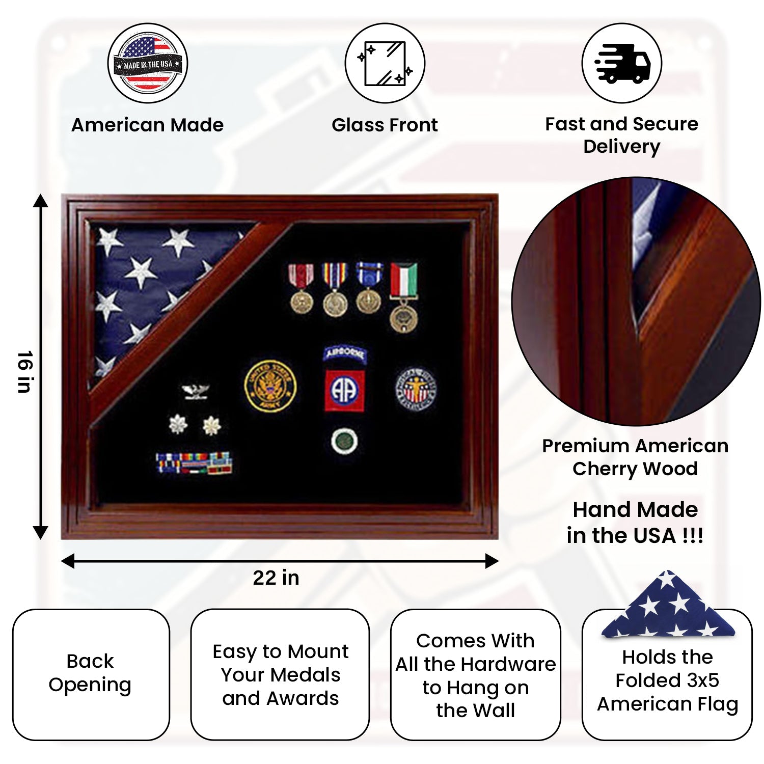 American Corner flag and medal display case - Fit for 3' x 5'