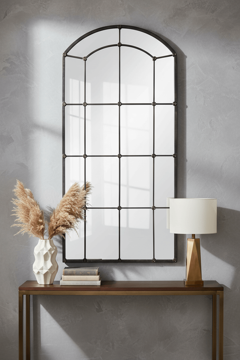 Arched Industrial Grid Wall Mirror