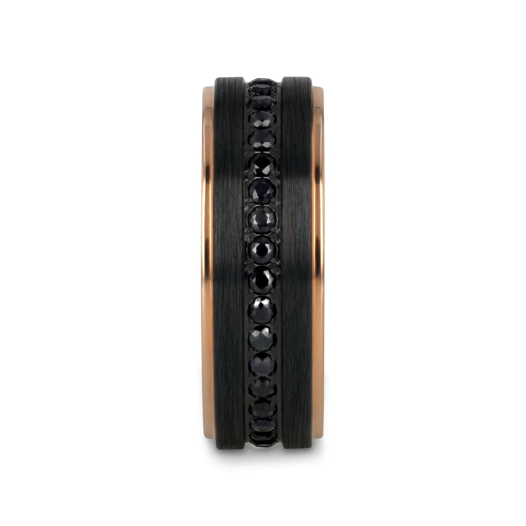 ASTRO Flat Brushed Black Titanium Ring with Rose Gold Plated Edge and Black Sapphire Settings All Around - 8mm