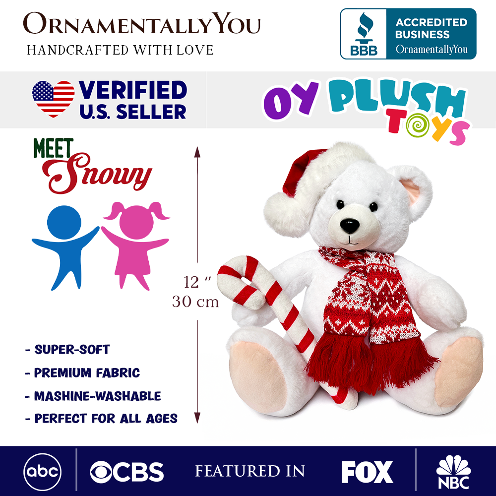 (Pre-Order) Snowy the Polar Bear Plushie, Cute Kids’ 12" Christmas Stuffed Toy, Santa Hat and Candy Cane