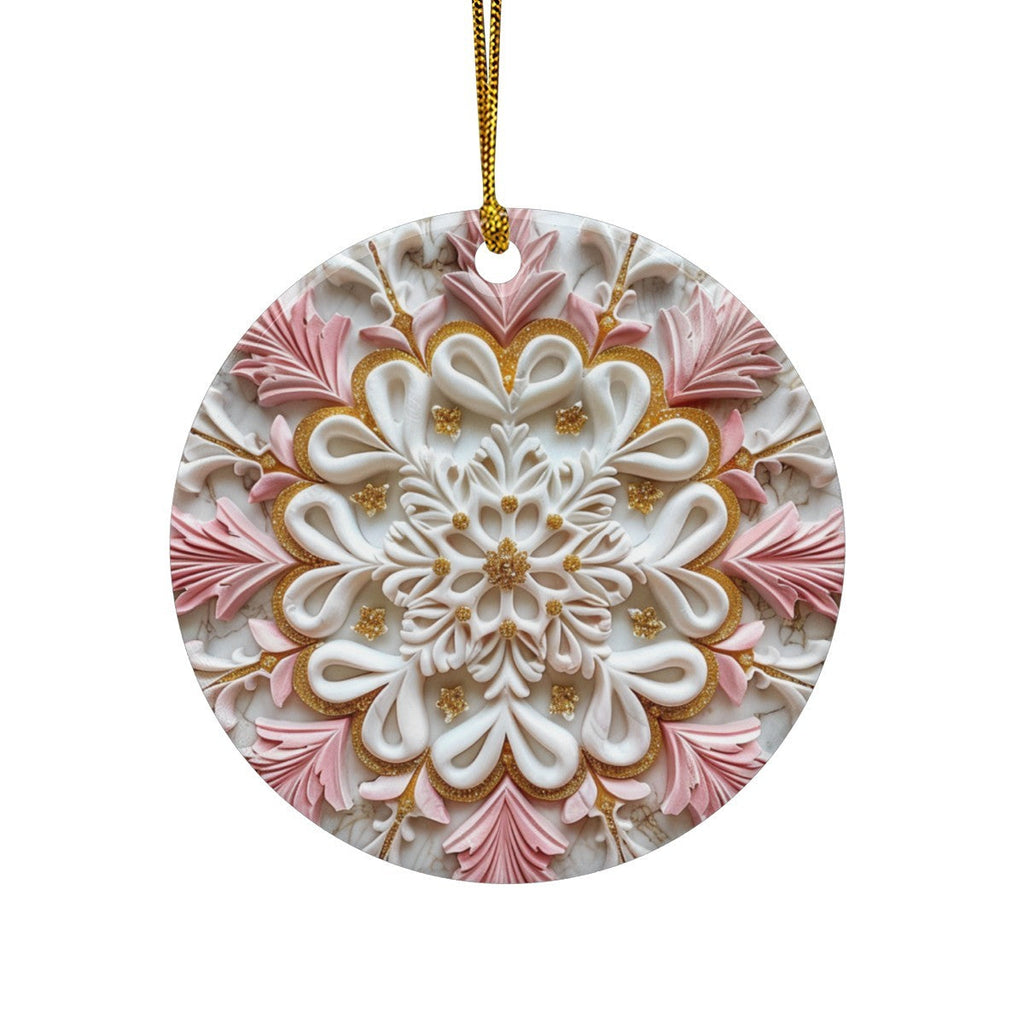 Pink Holiday Design Round Ceramic Christmas Ornament