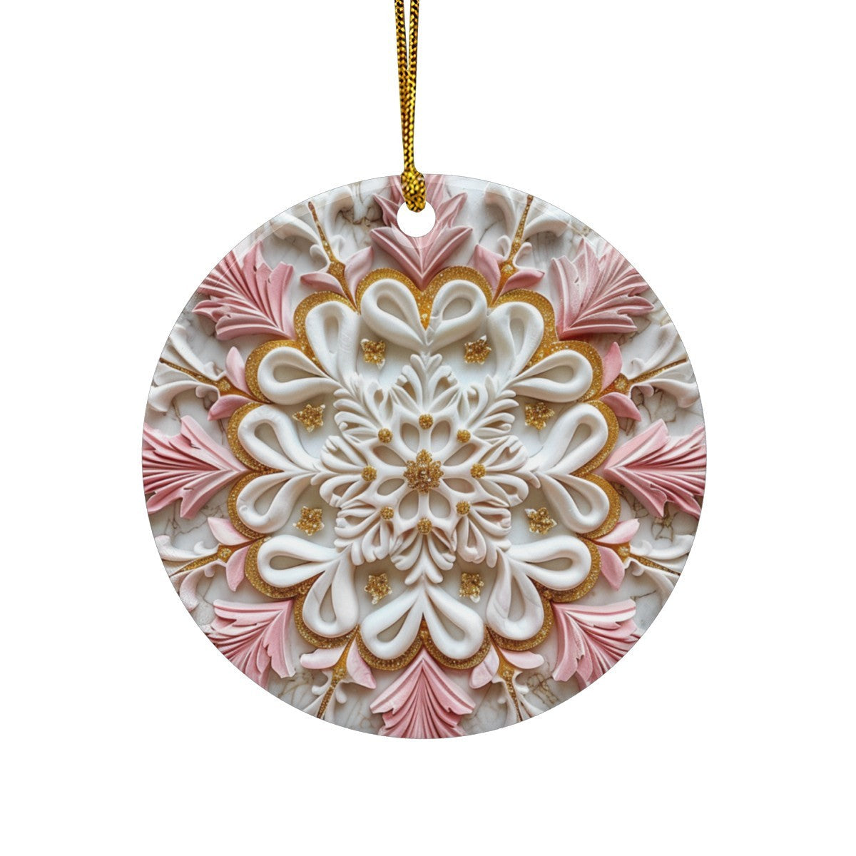 Pink Holiday Design Round Ceramic Christmas Ornament