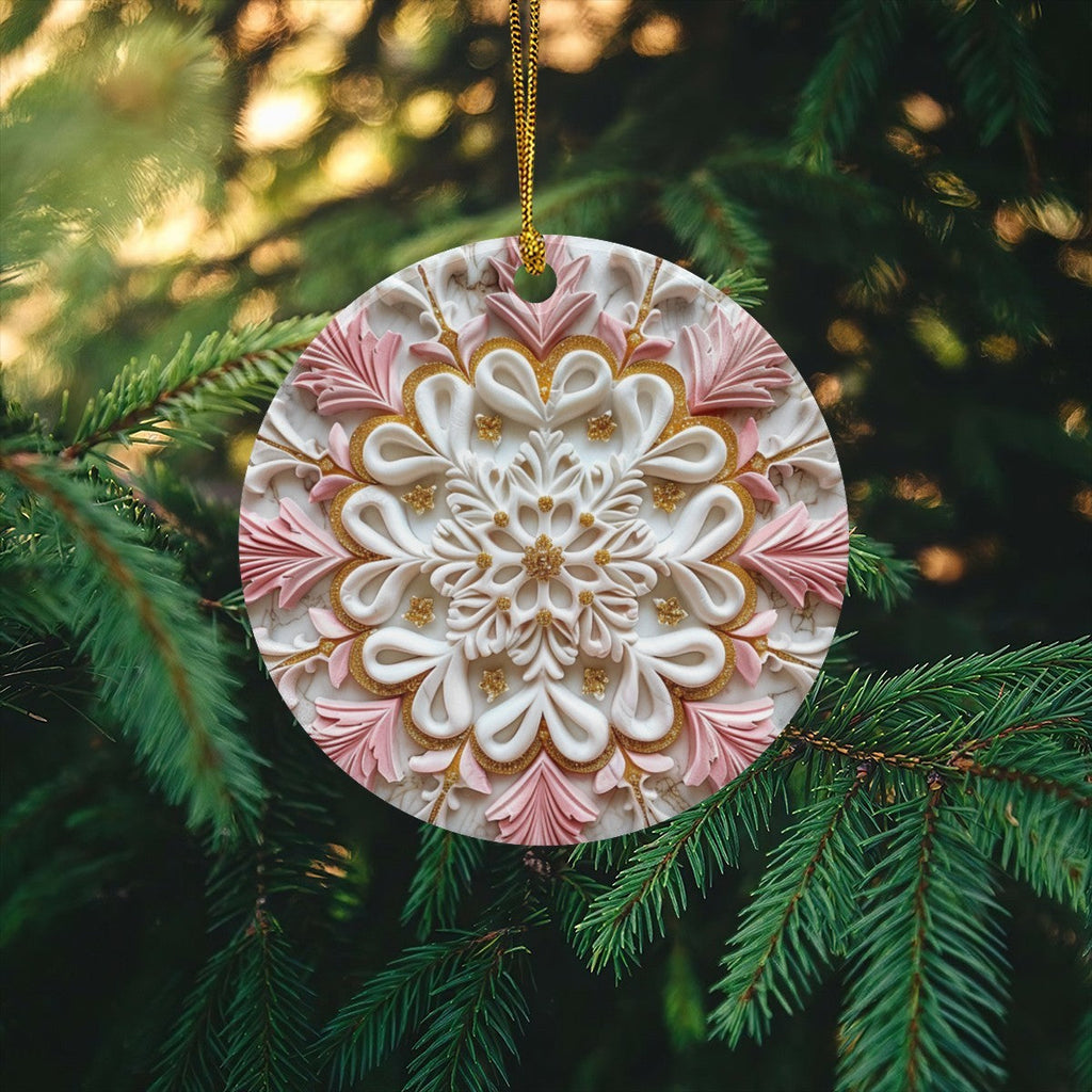 Pink Holiday Design Round Ceramic Christmas Ornament