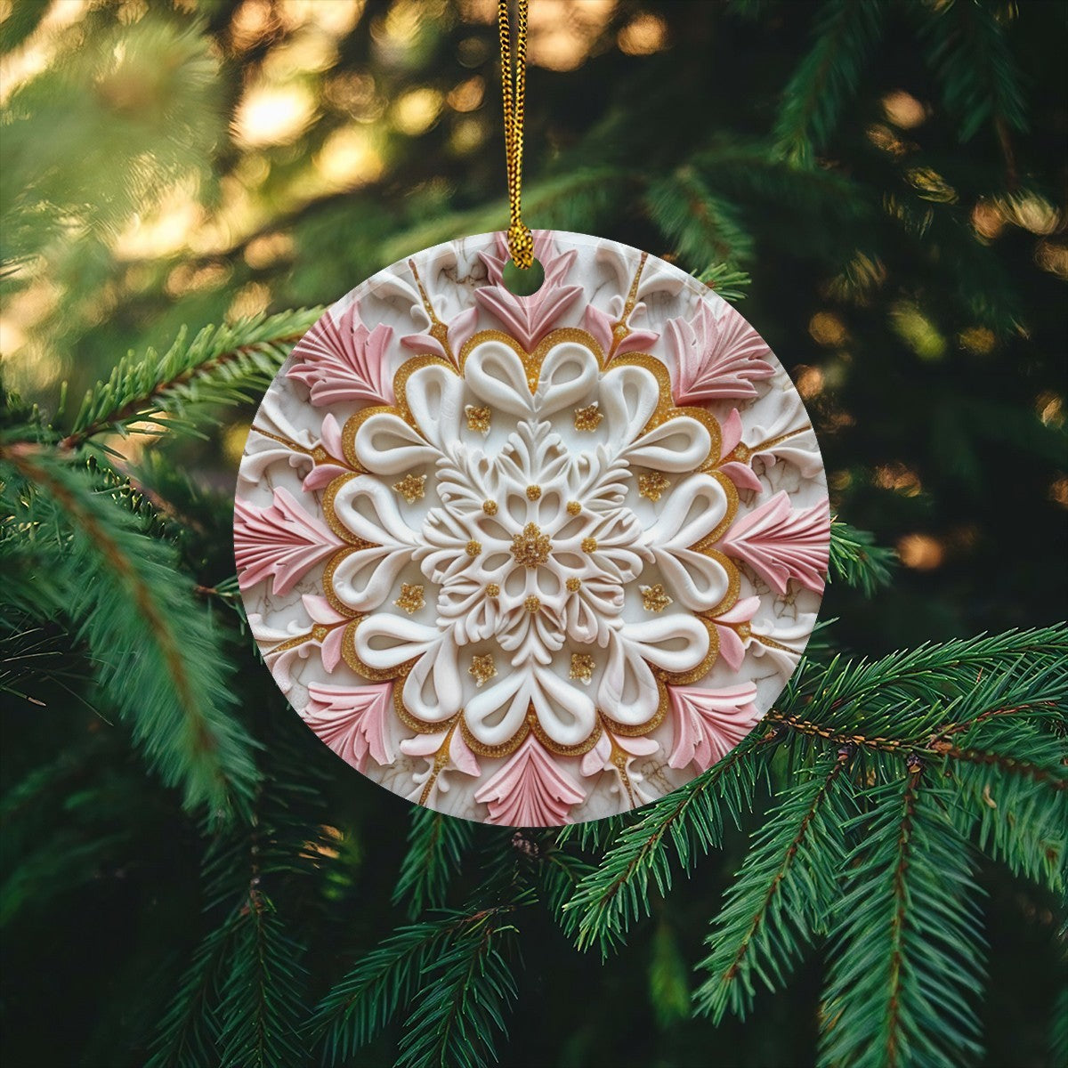 Pink Holiday Design Round Ceramic Christmas Ornament