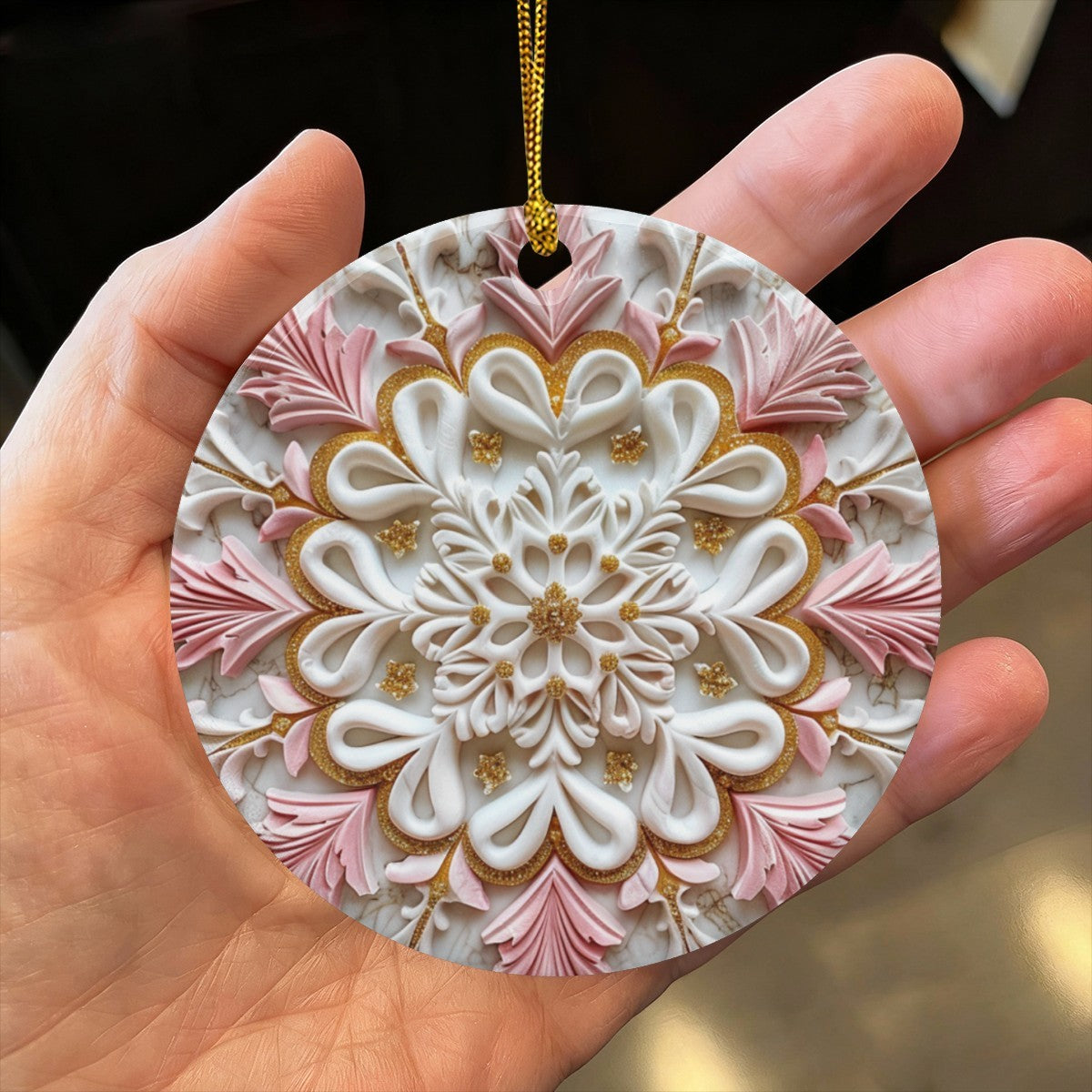 Pink Holiday Design Round Ceramic Christmas Ornament