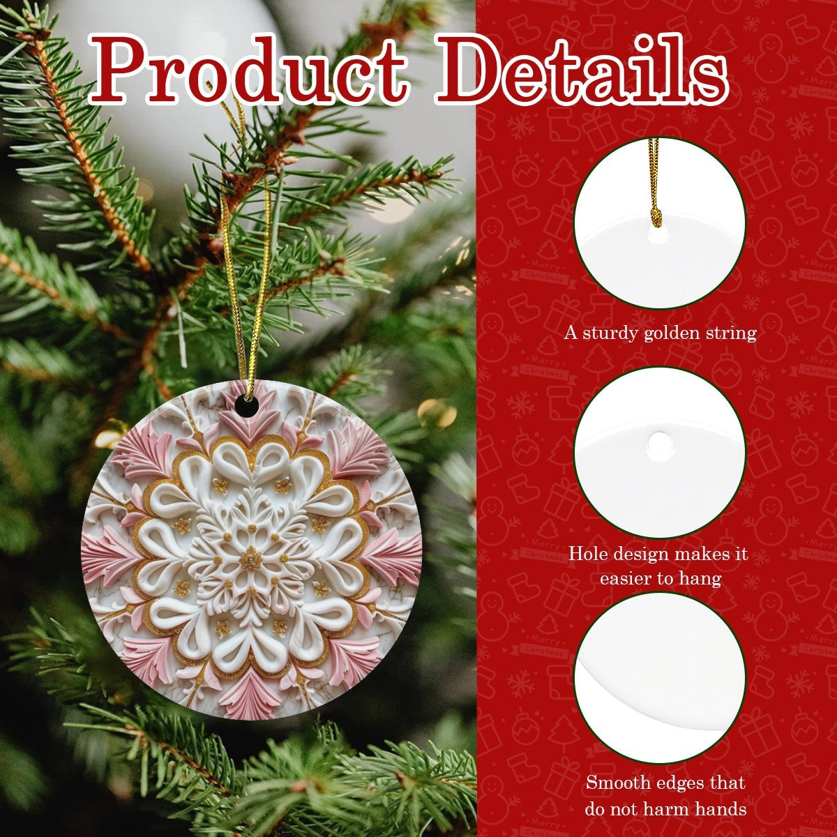 Pink Holiday Design Round Ceramic Christmas Ornament