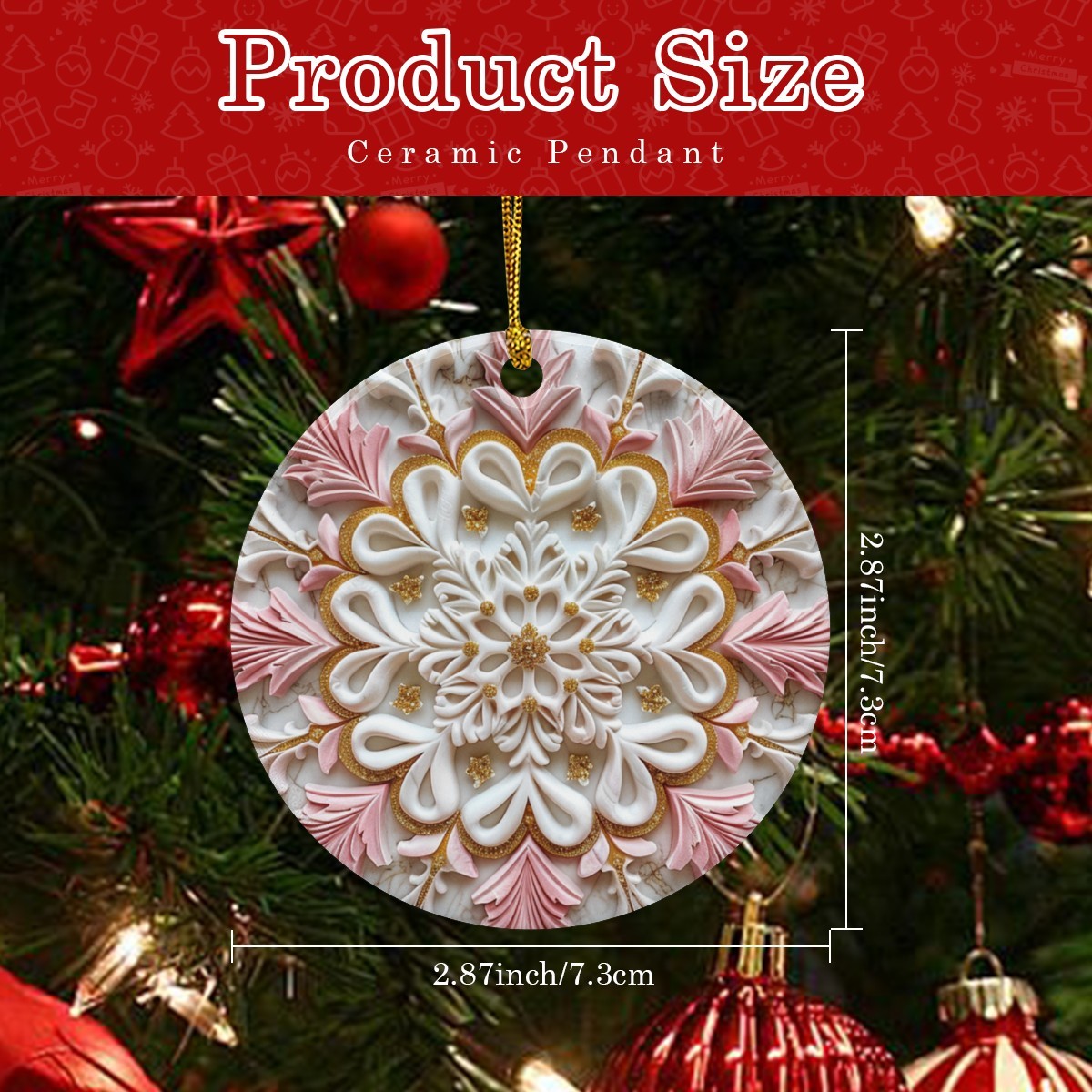 Pink Holiday Design Round Ceramic Christmas Ornament