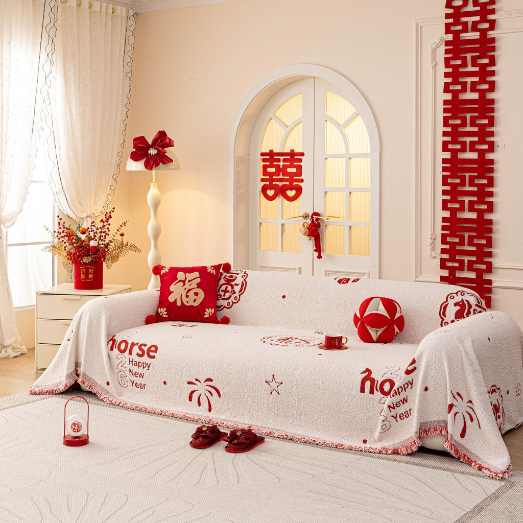 Chinese New Year Sofa Throw Cover Blanket, Decor Festive Red Fu Pattern Couch Cover