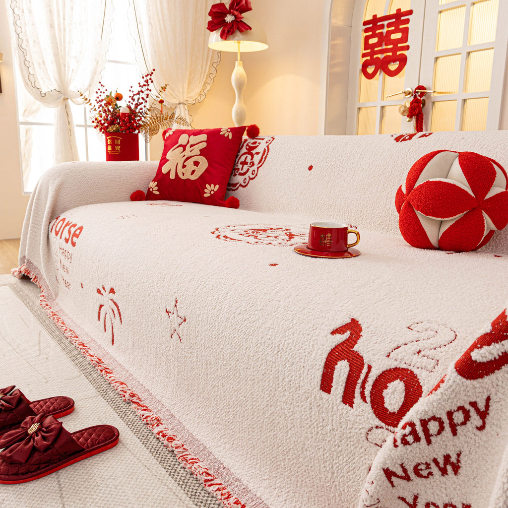 Chinese New Year Sofa Throw Cover Blanket, Decor Festive Red Fu Pattern Couch Cover