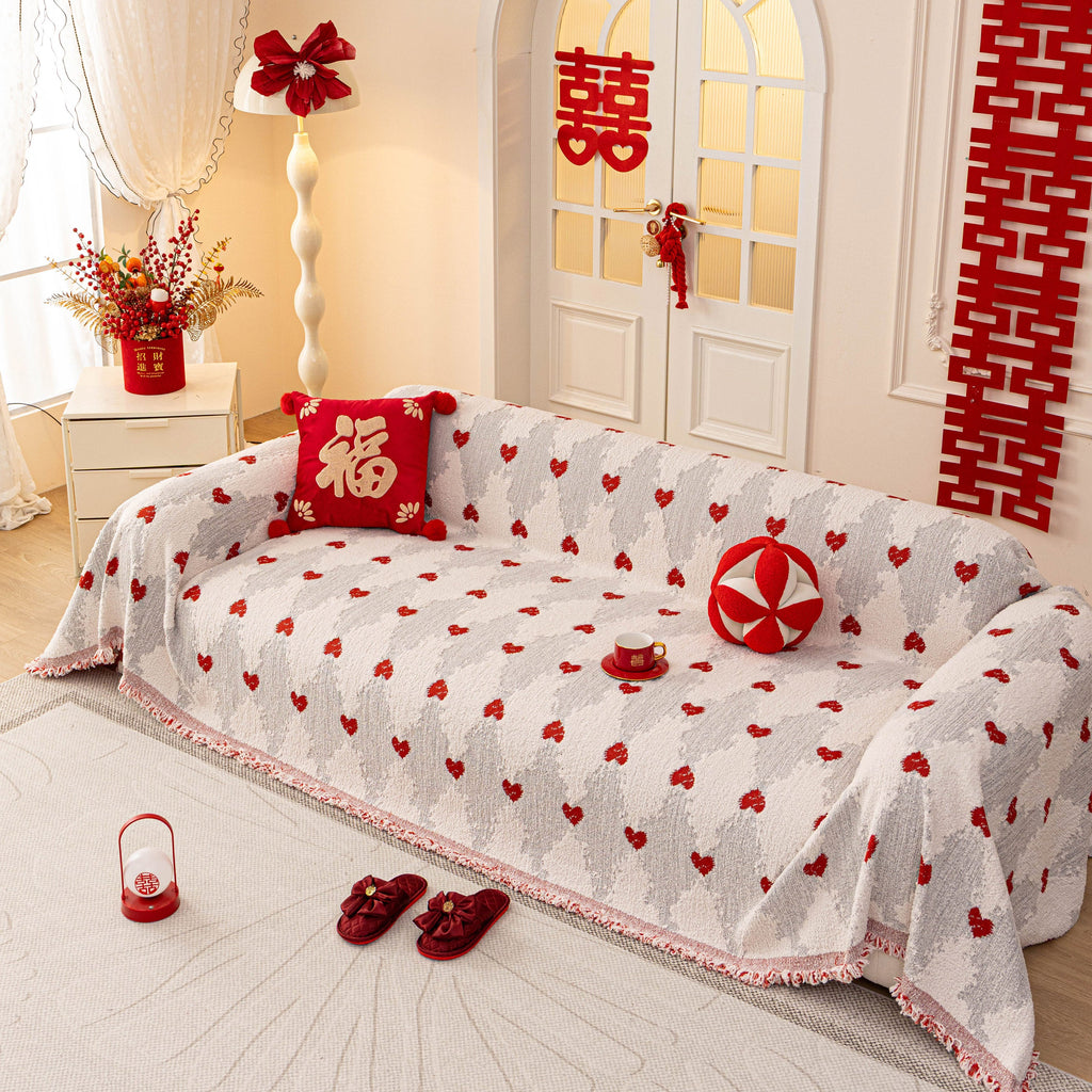 Chinese New Year Sofa Throw Cover Blanket, Decor Festive Red Fu Pattern Couch Cover
