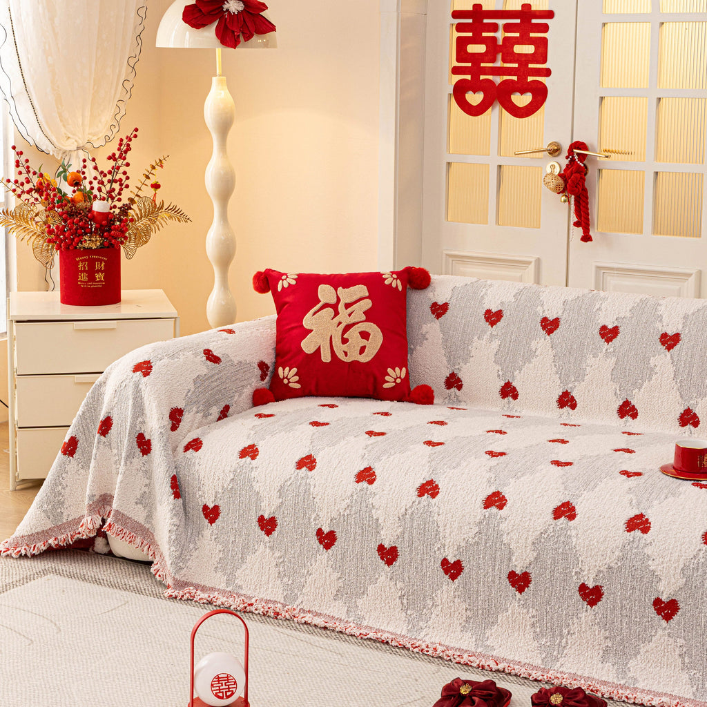 Chinese New Year Sofa Throw Cover Blanket, Decor Festive Red Fu Pattern Couch Cover