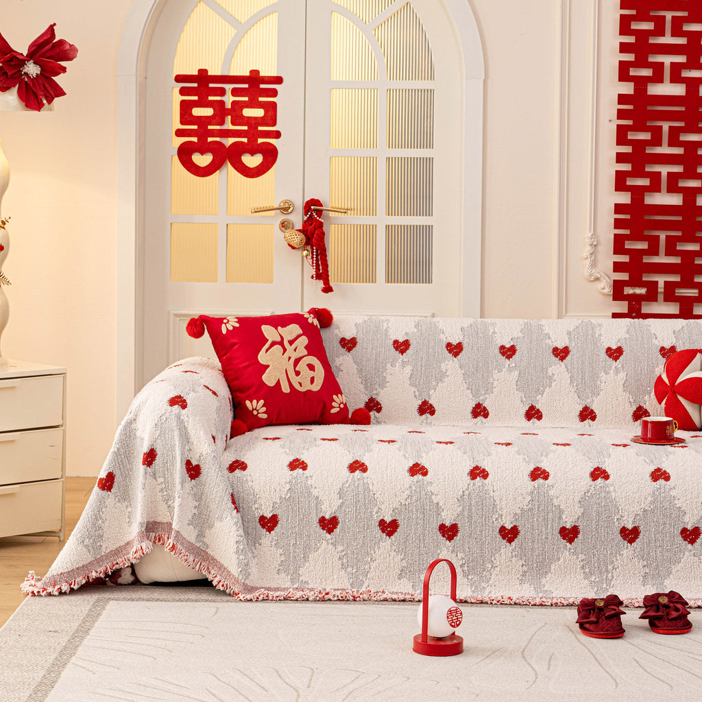 Chinese New Year Sofa Throw Cover Blanket, Decor Festive Red Fu Pattern Couch Cover