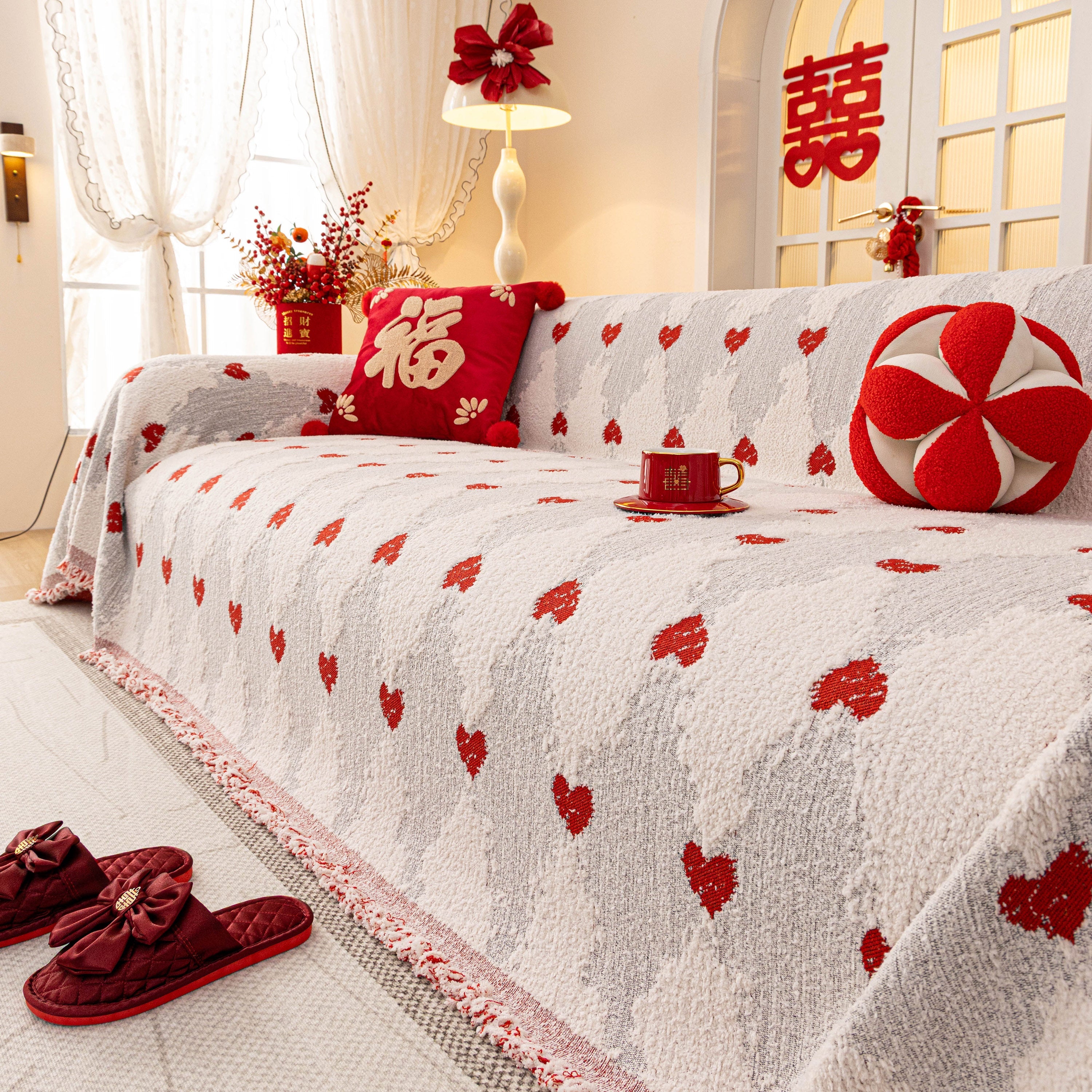 Chinese New Year Sofa Throw Cover Blanket, Decor Festive Red Fu Pattern Couch Cover