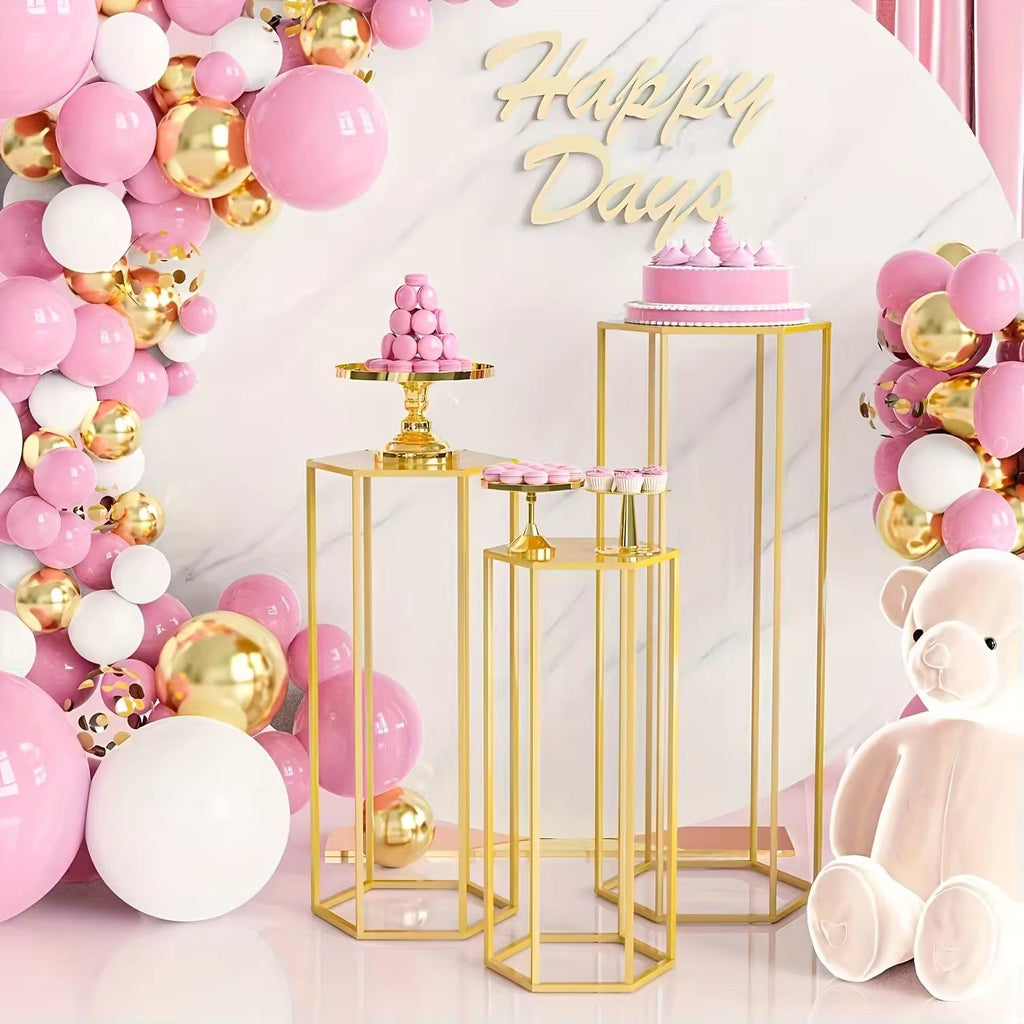 Hex Wedding Cake Stands | 3-Piece Set Gold Metal Pedestals