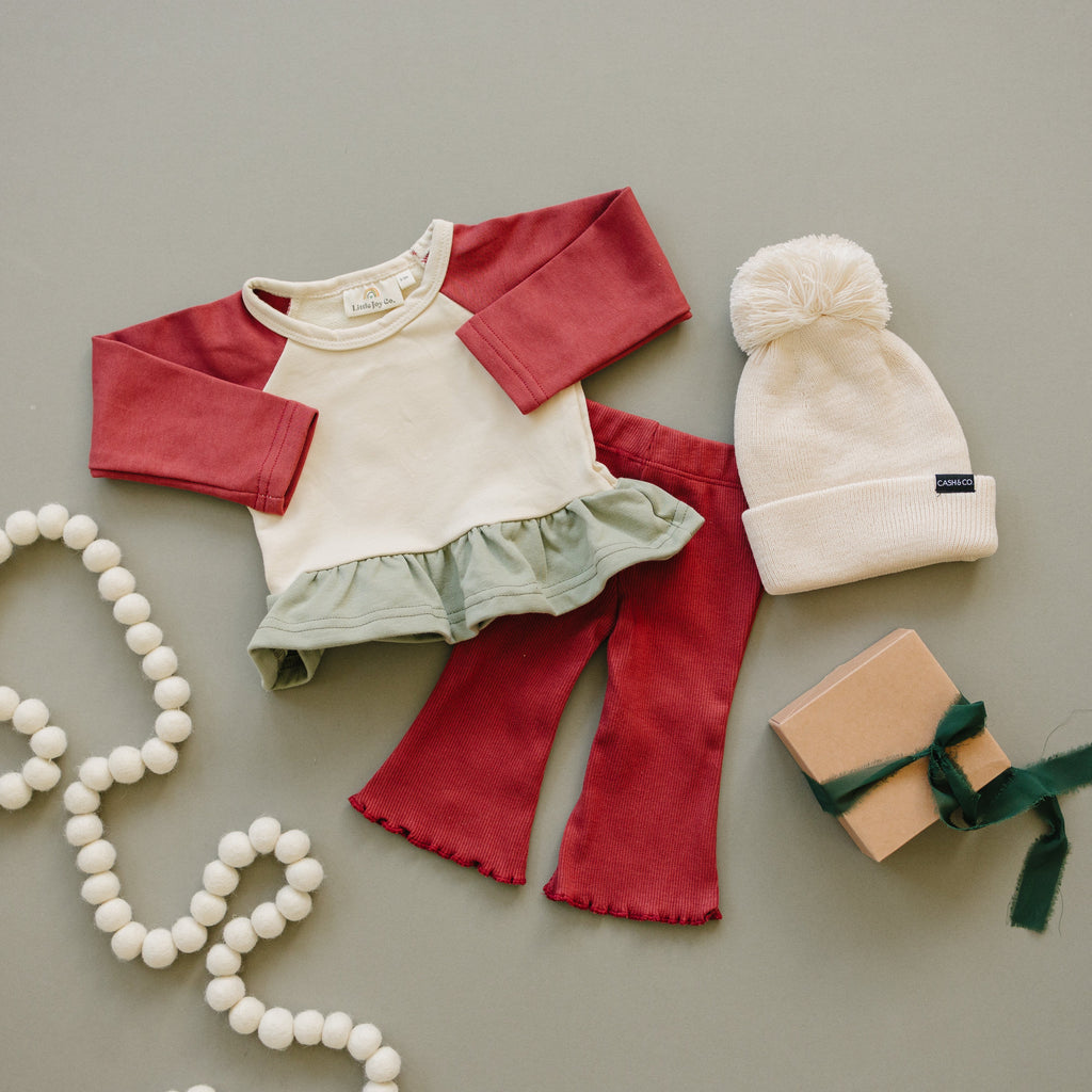 Ribbed Cotton Flared Leggings - Red Christmas Matching