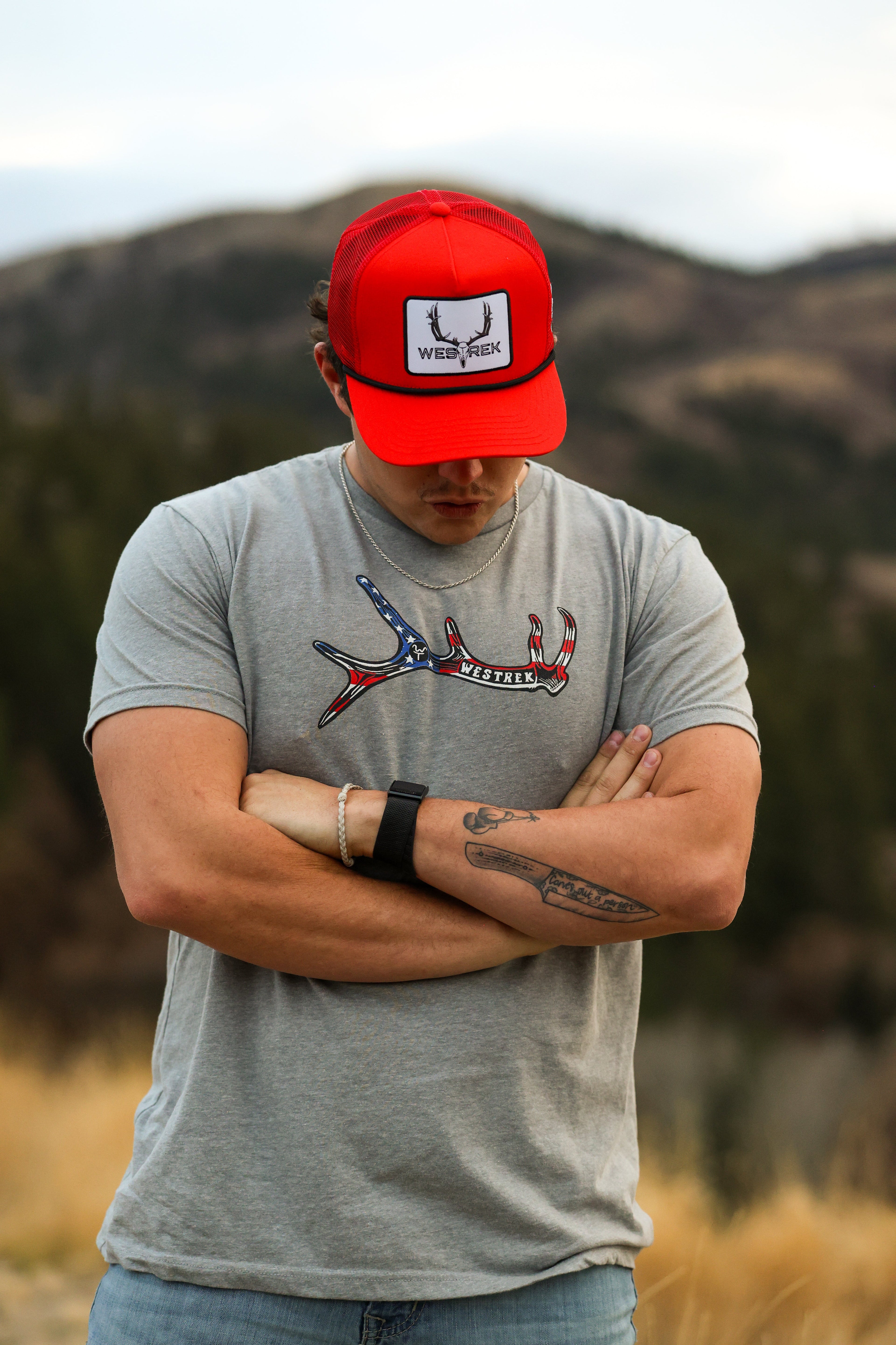“Red Lightning Wes” 5-Panel Trucker Hat – Retro Western Mesh Back | Original Westrek Logo Cap | Red & White Snapback