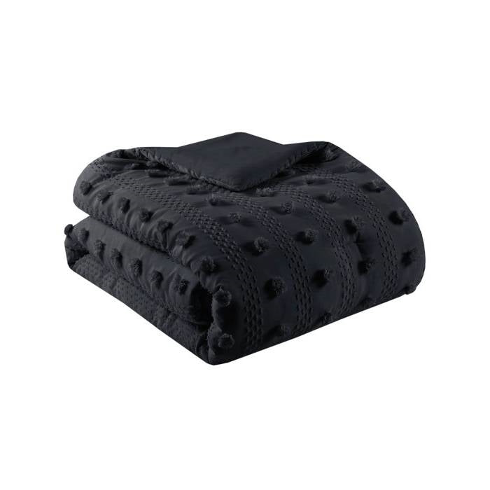 Full/Queen 3 Piece Pompom Microfiber Hypoallergenic Comforter Set in Black