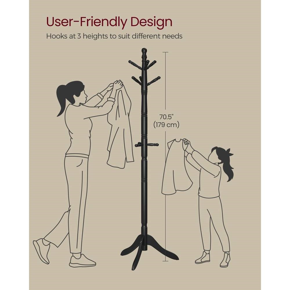 Solid Wood Coat Rack with 10 Hooks in Black Finish