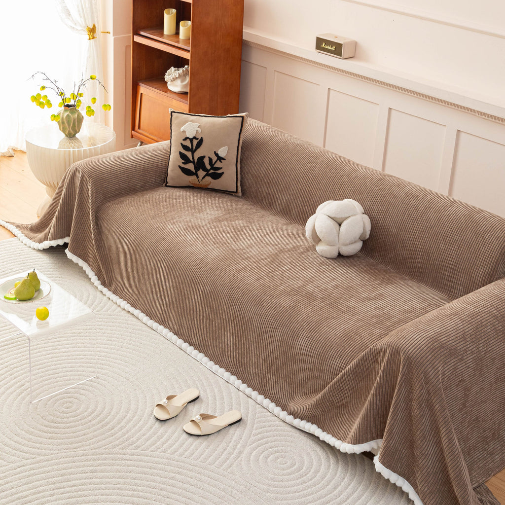 Textured Striped Cozy Couch Cover Throw Blanket with Pom Pom Trim for Sectional Sofa