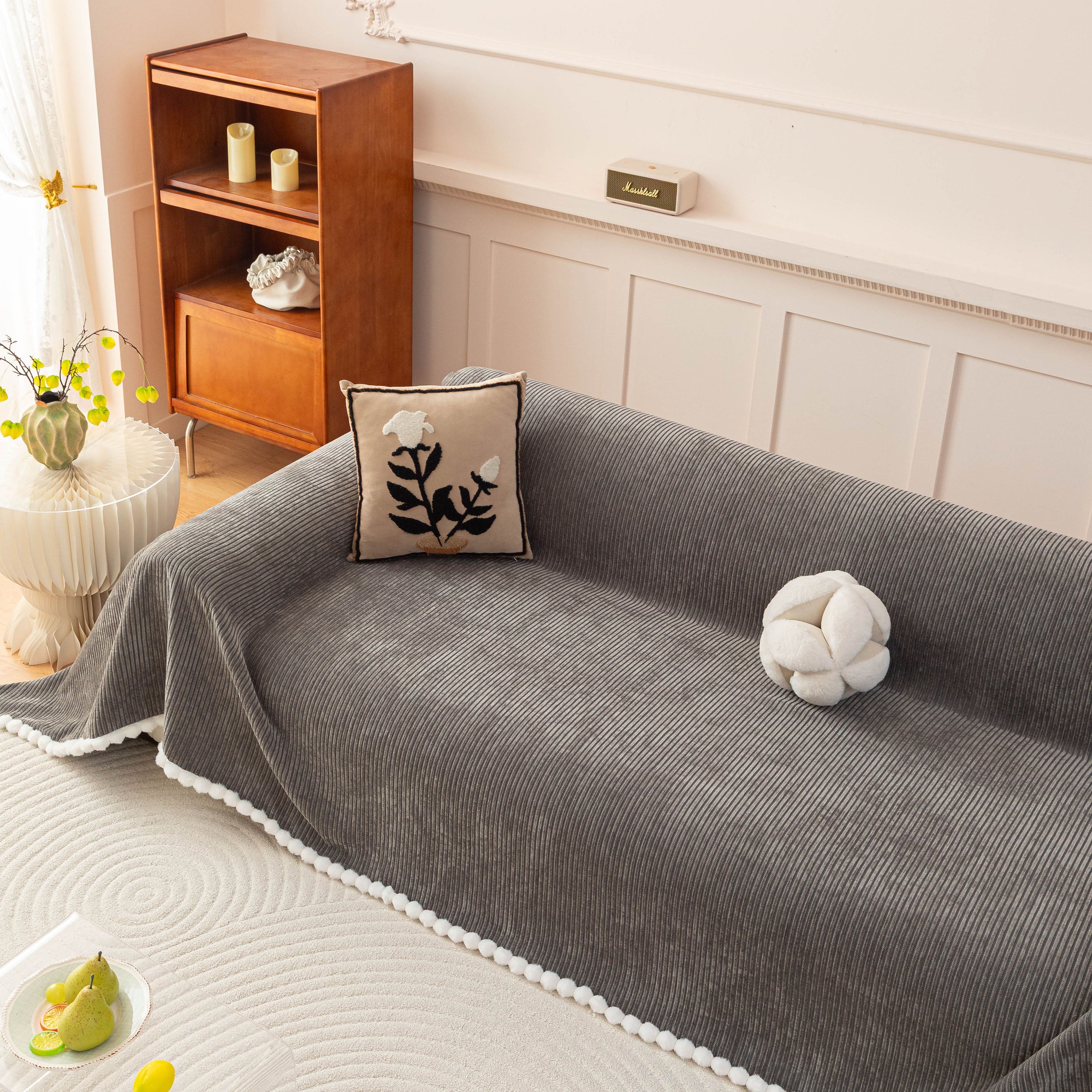 Textured Striped Cozy Couch Cover Throw Blanket with Pom Pom Trim for Sectional Sofa