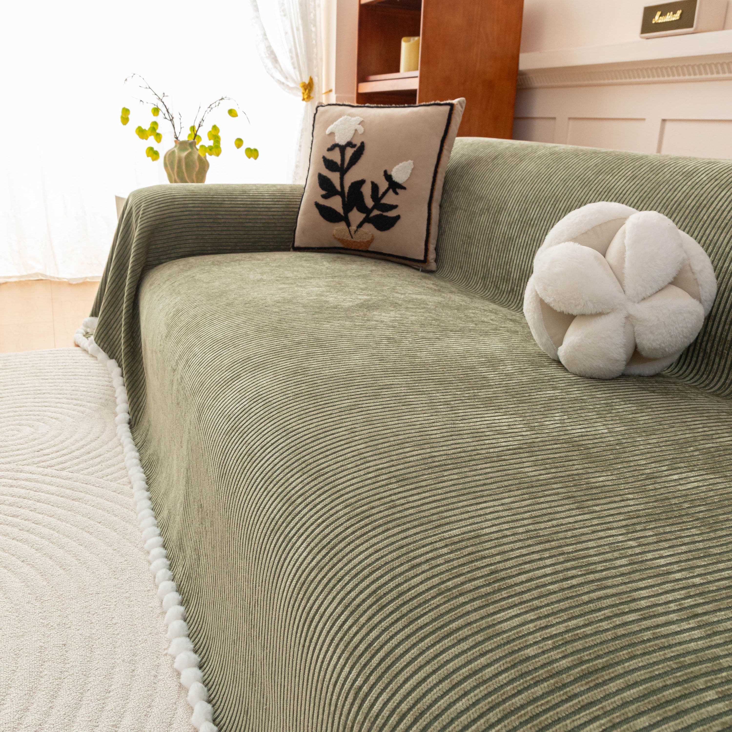 Textured Striped Cozy Couch Cover Throw Blanket with Pom Pom Trim for Sectional Sofa