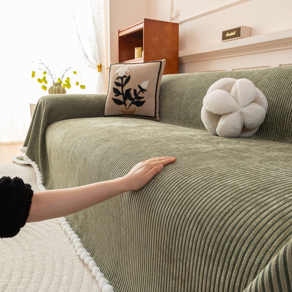 Textured Striped Cozy Couch Cover Throw Blanket with Pom Pom Trim for Sectional Sofa