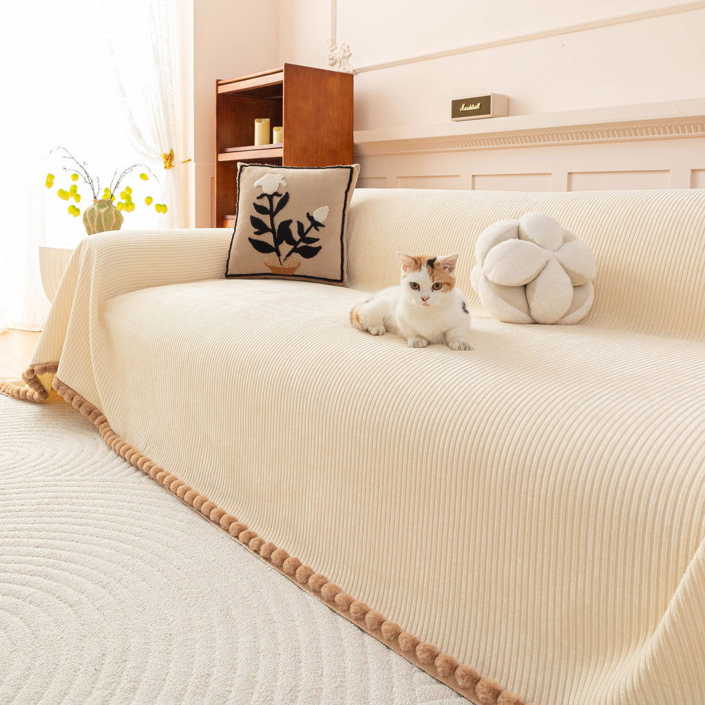 Textured Striped Cozy Couch Cover Throw Blanket with Pom Pom Trim for Sectional Sofa